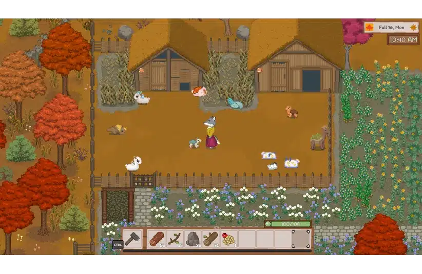 Pixel art farm scene in autumn, showing a character tending to animals like ducks and a horse near barns and a field of flowers. Warm, rustic feel. Grimshire, courtesy of Acute Owl Studio LLC.