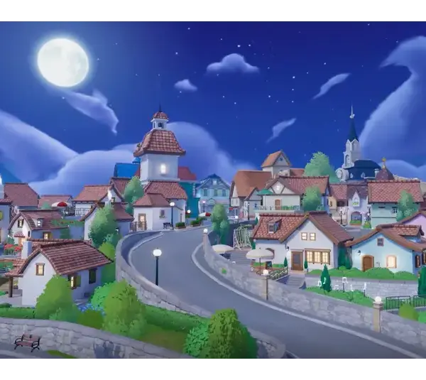Charming village at night under a full moon and starry sky. Cozy houses with red roofs line winding roads, creating a serene and idyllic atmosphere. Heartopia. Furniture