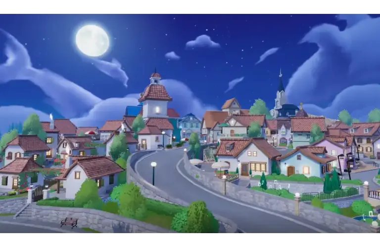 Charming village at night under a full moon and starry sky. Cozy houses with red roofs line winding roads, creating a serene and idyllic atmosphere. Heartopia. Furniture