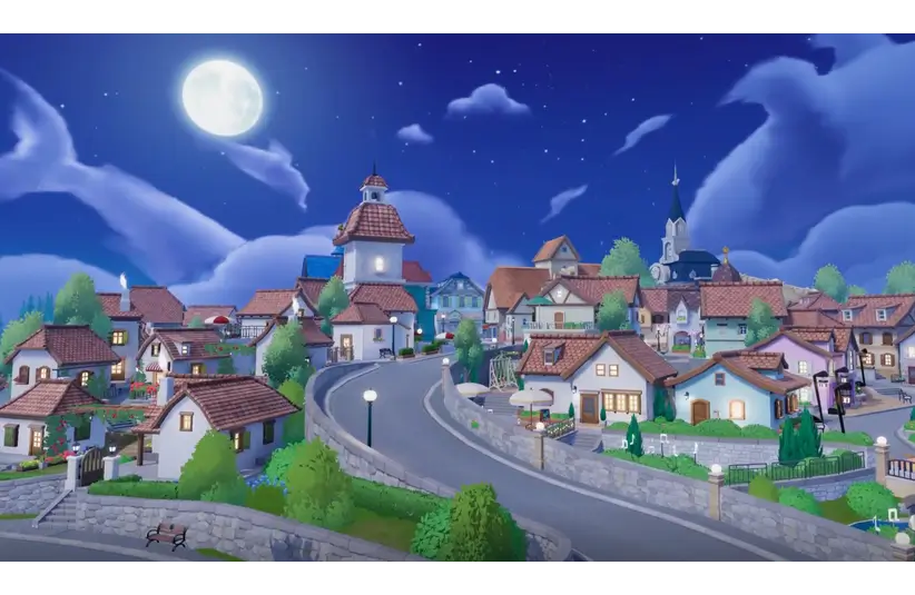 Charming village at night under a full moon and starry sky. Cozy houses with red roofs line winding roads, creating a serene and idyllic atmosphere. Heartopia. Furniture