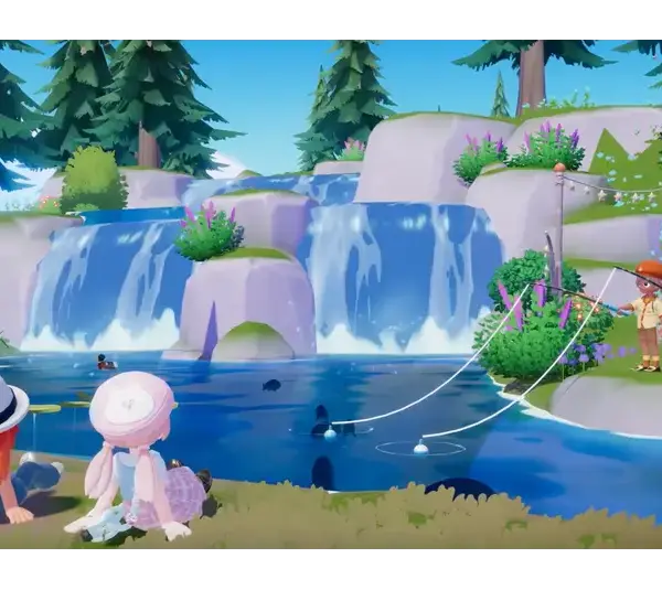 A vibrant, animated scene Heartopia with two children fishing by a pond, near a cascading waterfall and lush pine trees. Two other kids sit nearby, enjoying the serene landscape.