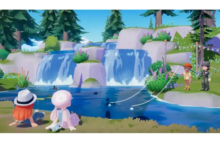 A vibrant, animated scene Heartopia with two children fishing by a pond, near a cascading waterfall and lush pine trees. Two other kids sit nearby, enjoying the serene landscape.