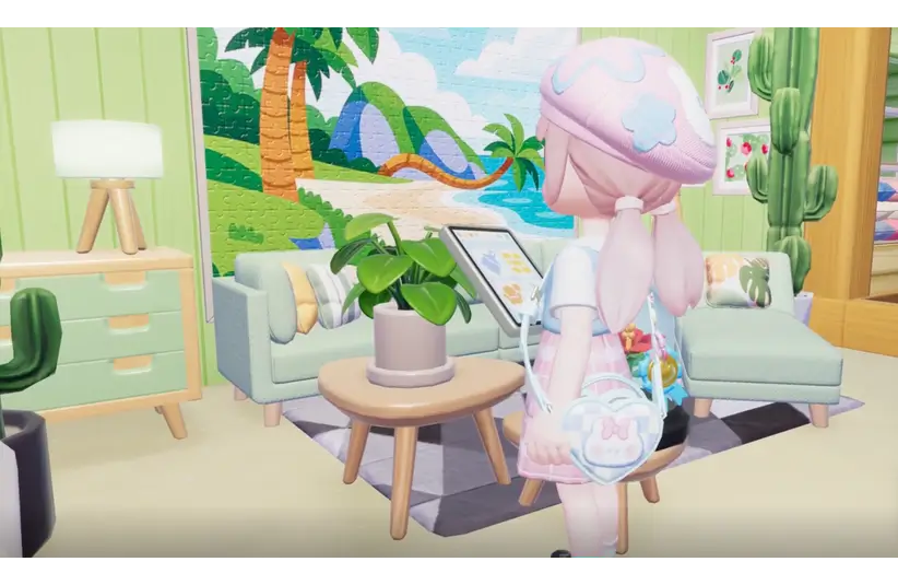 A pastel-colored room with a cartoon character facing a tropical wall mural. The room has a green sofa, a wooden table with a plant, and soft lighting, creating a cozy vibe. Heartopia
