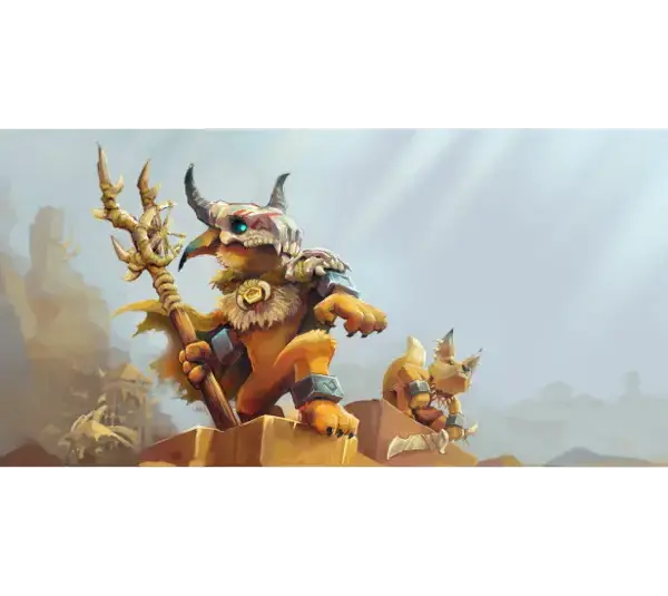Fantasy scene of two armored, anthropomorphic creatures atop rocky terrain. One holds a trident, wearing a horned helmet, bathed in soft sunlight. Mystical ambiance. Hytale Fox Art, Courtesy of HYPIXEL STUDIOS CANADA INC.