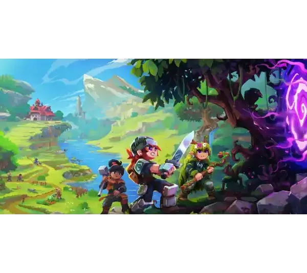 A colorful fantasy landscape features three adventurous characters with weapons, standing by a glowing, purple portal on a tree. A quaint village sits in the green valley. Hytale Art, Courtesy of HYPIXEL STUDIOS CANADA INC.