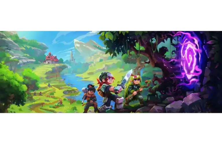 A colorful fantasy landscape features three adventurous characters with weapons, standing by a glowing, purple portal on a tree. A quaint village sits in the green valley. Hytale Art, Courtesy of HYPIXEL STUDIOS CANADA INC.