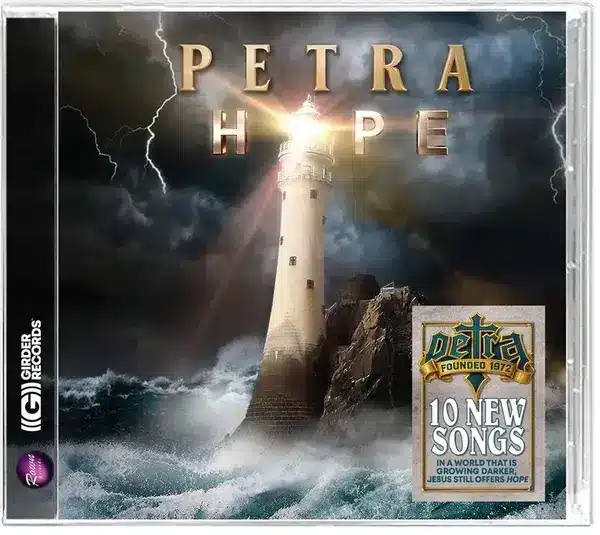 The image features an album cover titled "Petra Hope" with a lighthouse amidst stormy seas and lightning. A sticker notes "10 new songs." Tone is dramatic and hopeful.