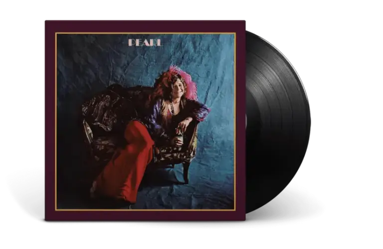 The album cover for Janis Joplin's final album, Pearl, featuring her seated in a loveseat in the center.