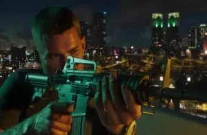 Character from Rockstar's GTA 6 holding a rifle on a rooftop at night, with a city skyline illuminated by colorful lights in the background, conveying tension and focus.