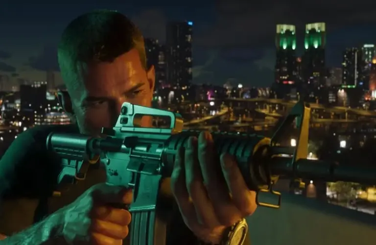 Character from Rockstar's GTA 6 holding a rifle on a rooftop at night, with a city skyline illuminated by colorful lights in the background, conveying tension and focus.