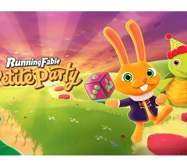 A cheerful orange rabbit and a turtle wearing a party hat are running on a grassy path. The sun sets in the sky, casting warm purple and pink hues. The text reads "Running Fable Petite Party."
