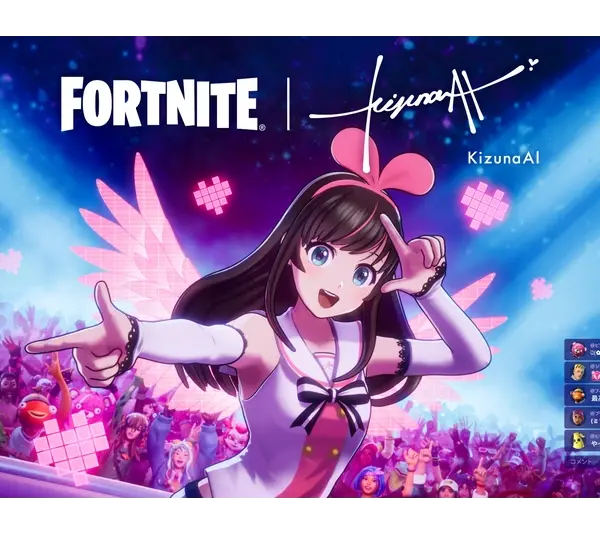 Anime girl with long hair and a pink bow poses energetically in front of a vibrant concert crowd. "Fortnite" and "Kizuna AI" logos are displayed above. Courtesy of Epic Games, Inc.