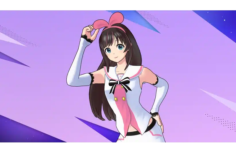 Anime style character with long brown hair, wearing a white outfit with pink accents and a bow. She poses confidently against a purple geometric background. Kizuna Ai in Fortnite, courtesy of Epic Games, Inc.