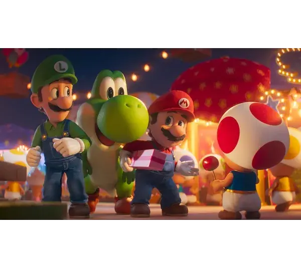 Mario, Luigi, Yoshi, and Toad joyfully walk through a festive, brightly lit market. Mario holds a gift, while Toad offers a red lollipop in The Super Mario Galaxy Movie
