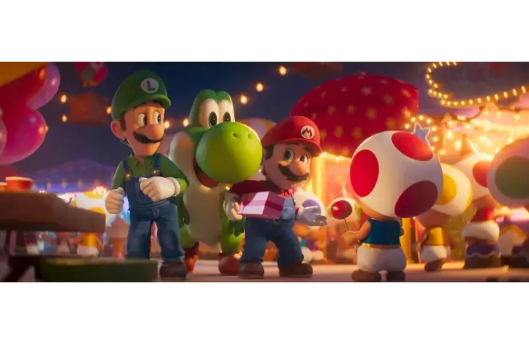 Mario, Luigi, Yoshi, and Toad joyfully walk through a festive, brightly lit market. Mario holds a gift, while Toad offers a red lollipop in The Super Mario Galaxy Movie