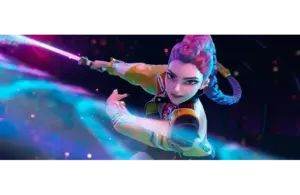 A dynamic animated character with purple hair in a braid, wielding a glowing sword. She wears a colorful jacket, exuding energy and confidence.