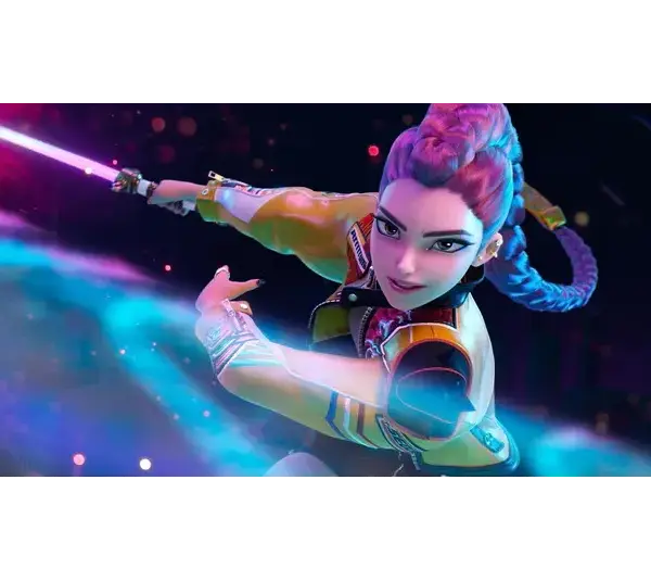 A dynamic animated character with purple hair in a braid, wielding a glowing sword. She wears a colorful jacket, exuding energy and confidence.
