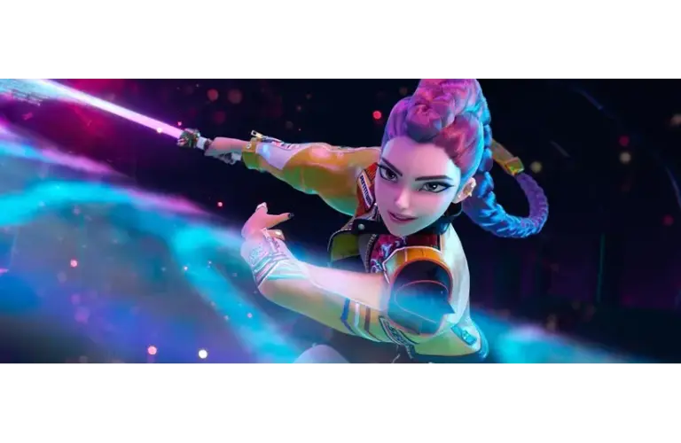 A dynamic animated character with purple hair in a braid, wielding a glowing sword. She wears a colorful jacket, exuding energy and confidence.