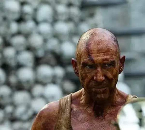 Dr. Kelson (Ralph Fiennes) in the bone temple in 28 Years Later, Courtesy of Sony Pictures Entertainment