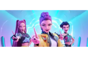 Three animated characters from "KPop Demon Hunters" pose confidently in a futuristic setting with vibrant lighting. They point forward, exuding energy and determination. KPop Demon Hunters is nominated for a Golden Globe