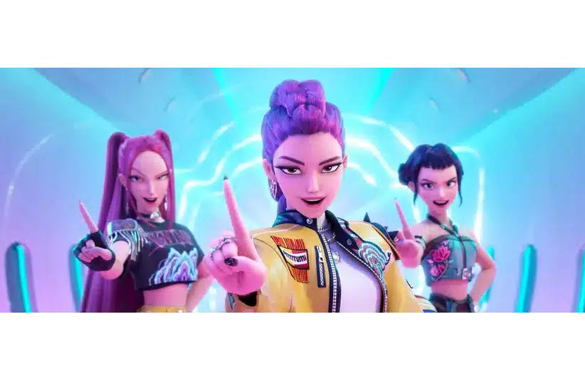 Three animated characters from "KPop Demon Hunters" pose confidently in a futuristic setting with vibrant lighting. They point forward, exuding energy and determination. KPop Demon Hunters is nominated for a Golden Globe