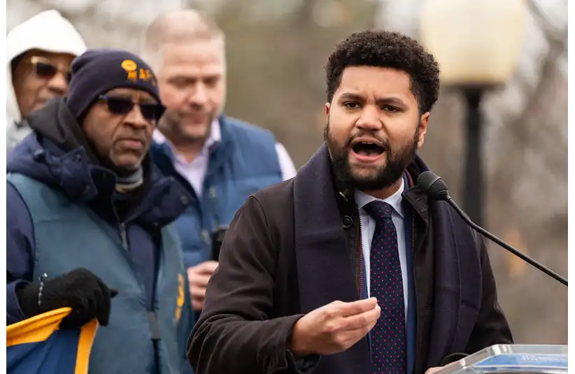 Feb 11, 2025; Washington, D.C., USA; Rep. Maxwell Frost (D-Fla.) speaks as protesters gather at Upper Senate Park on the U.S. Capitol grounds for a lunch break rally with the American Federation of Government Employees on Tuesday, Feb. 11, 2025.