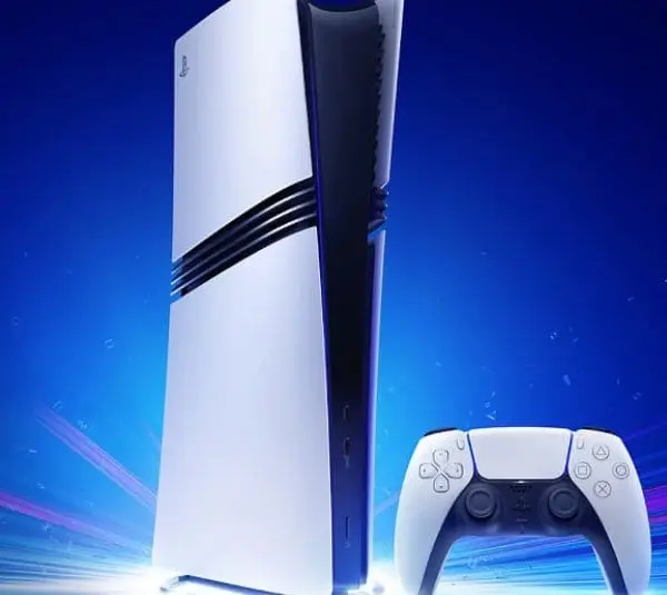 white PlayStation 5 console and controller against a blue gradient background. PS6 Leaks