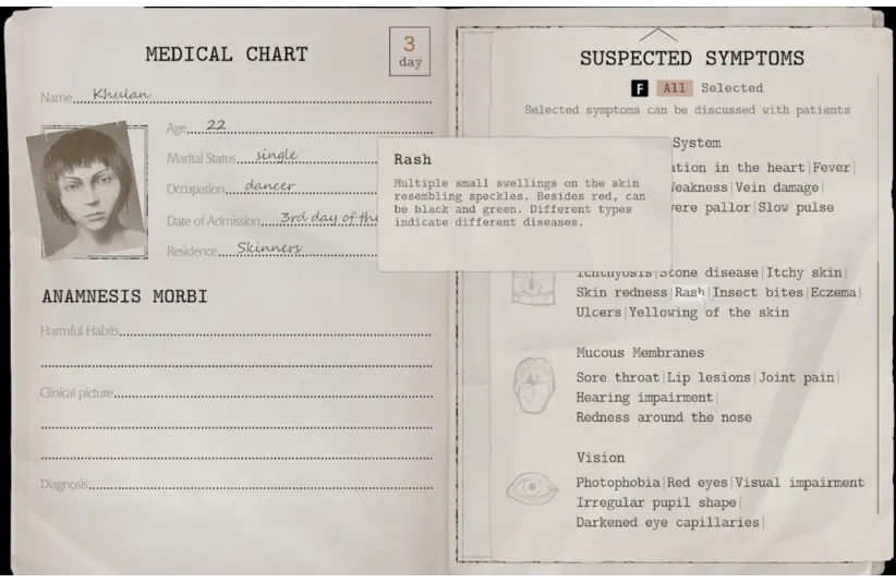 Pathologic 3 provides your character with a Casebook to record examinations to find an illness, image of the Herb Bride's Casebook pages