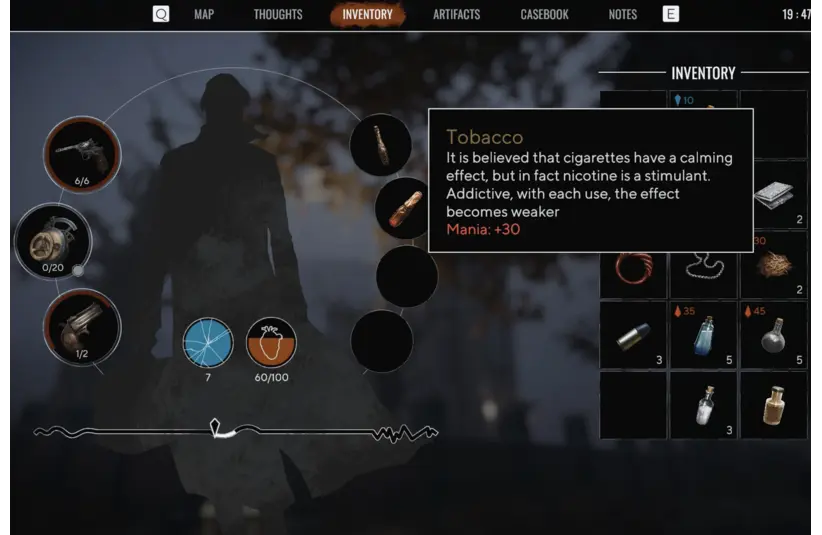 Pathologic 3 item menu explains what they are used for and how it will influence your sanity bar