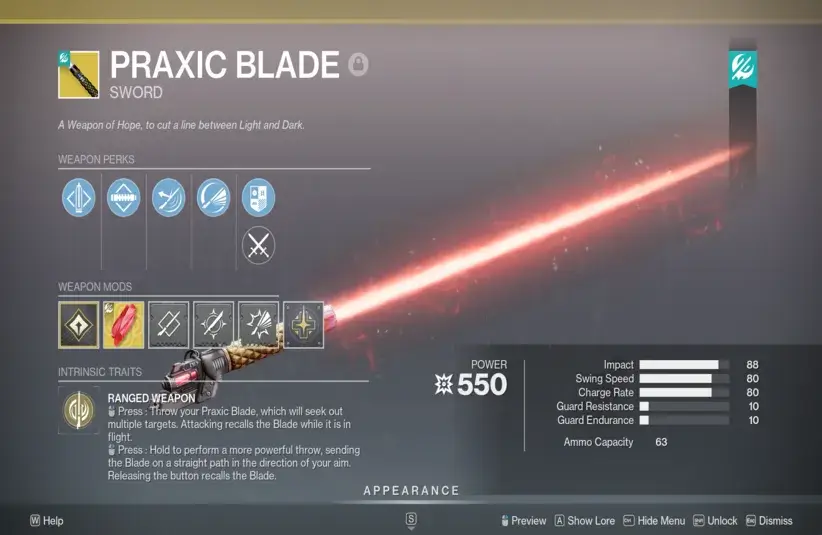 Screenshot of the Praxic Blade From Destiny 2