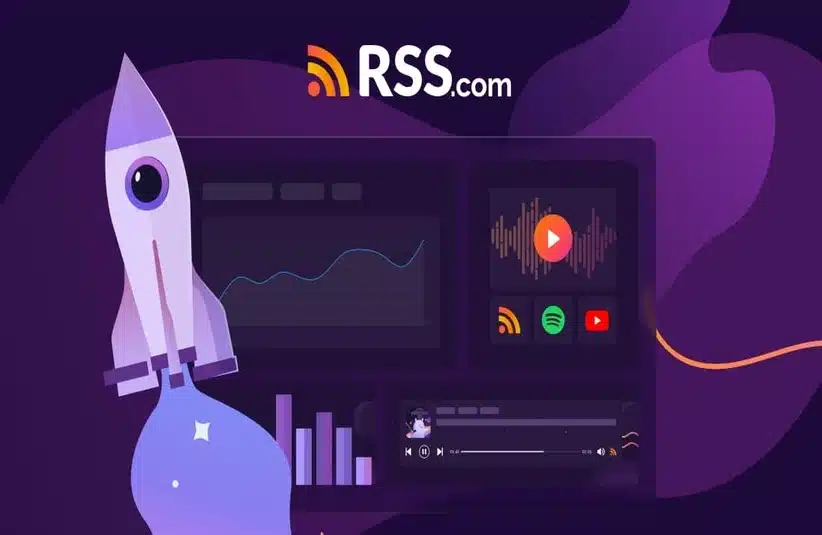 A Purple Rocket in front of a podcasting program. The RSS Readers logo and the URL RSS.com are in the background, Courtesy of RSS America LLC.