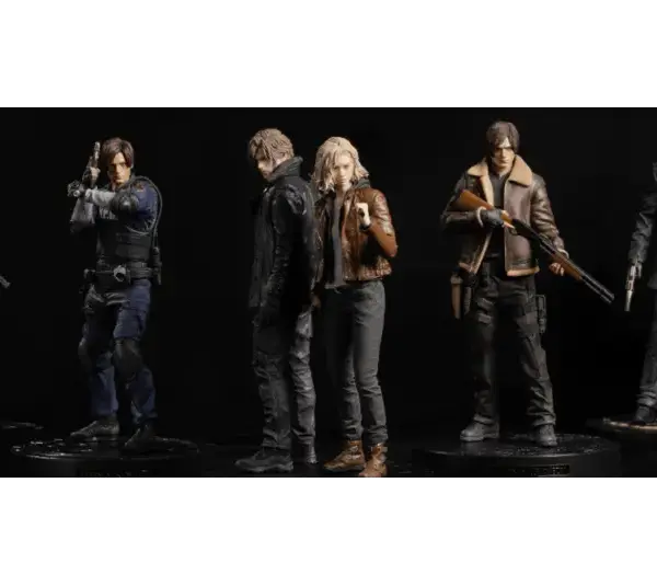 Six highly detailed action figures stand in a line against a black background. Each figure is a distinct character, equipped with weapons, exuding a tense, dramatic atmosphere. Resident Evil Requiem, Courtesy of Capcom Co., LTD.