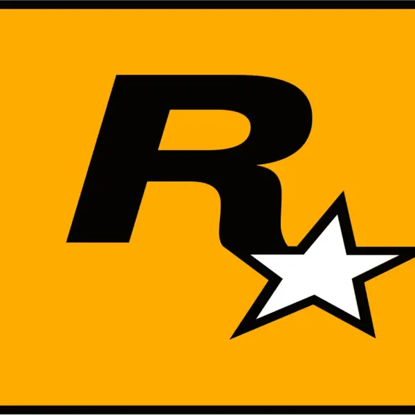 Rockstar logo. A bold R in black font and a white colored star in front of a yellow background.