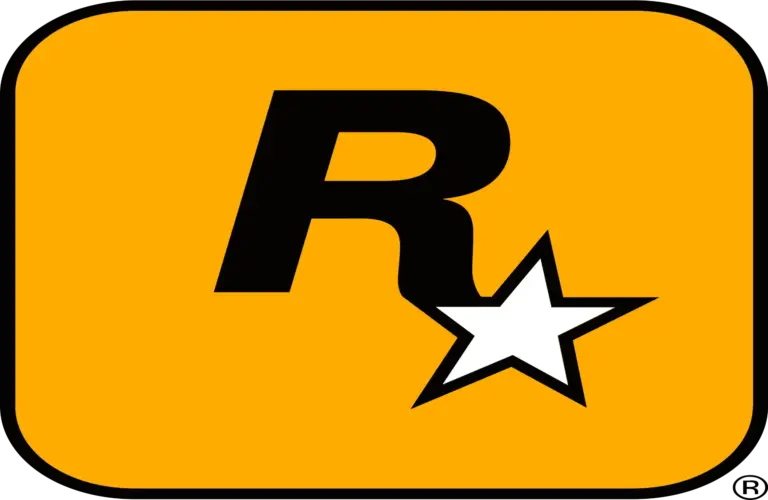 Rockstar logo. A bold R in black font and a white colored star in front of a yellow background.