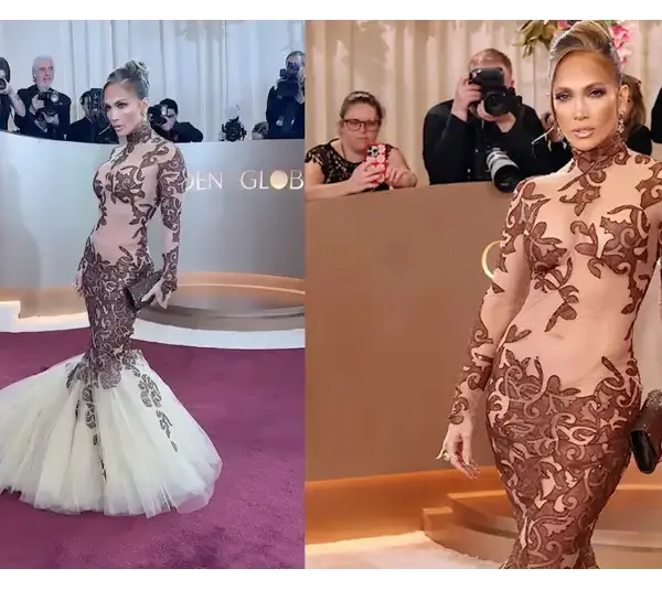 Jennifer Lopez in a form-fitting, long-sleeve gown with intricate brown lace and a white mermaid tulle bottom poses on a red carpet. Photographers capture the moment, highlighting a glamorous vibe at the Golden Globes 2026.