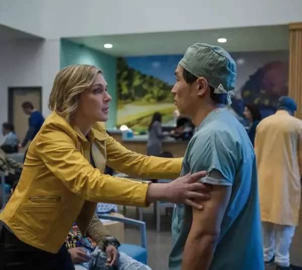 Actress Rhea Seehorn in the episode "We Is Us" of the Apple TV+ hit show "Pluribus." Seehorn won the Golden Globe award in 2026 for Best Actress in a Television Drama Series