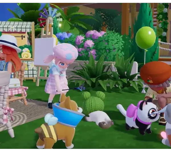 Cartoon characters with pets in a vibrant garden. People wearing hats engage in activities, surrounded by playful dogs and lush greenery. Cheerful atmosphere. Heartopia