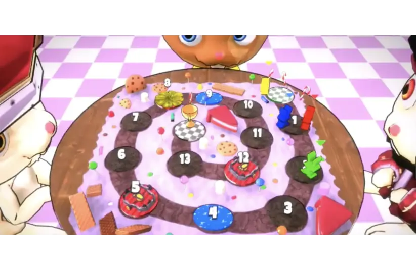 Running Fable Petite Party's colorful board game on a pink table resembles a cake with numbered chocolate pieces. Bunny characters surround it, creating a playful, whimsical scene.