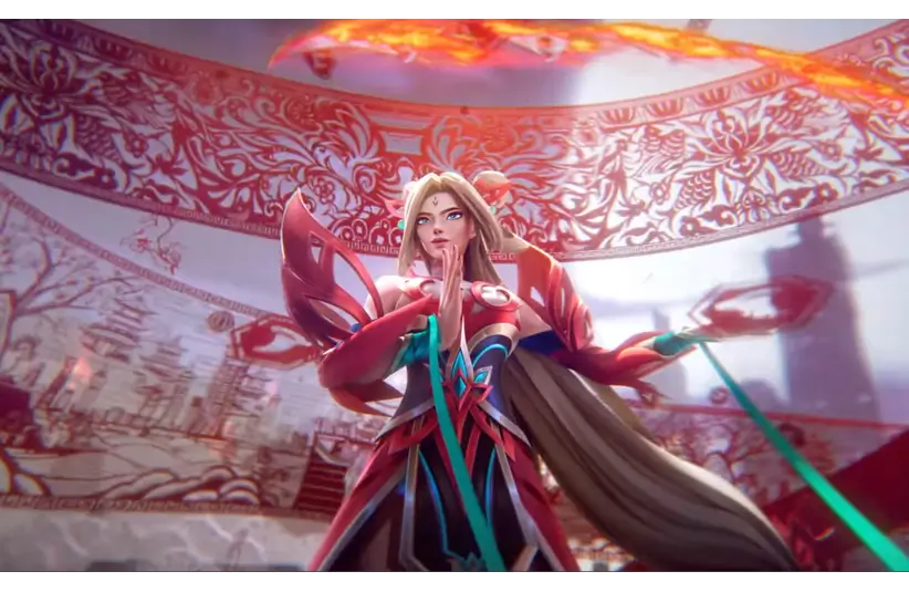 A mystical female warrior in elaborate red armor stands poised, hands together, surrounded by intricate, glowing red patterns. The scene is dramatic and immersive.