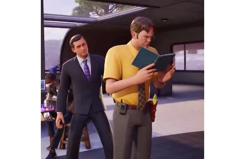 Animated characters: a man in a suit walking behind another man reading a book. Fortnite The Office crossover
