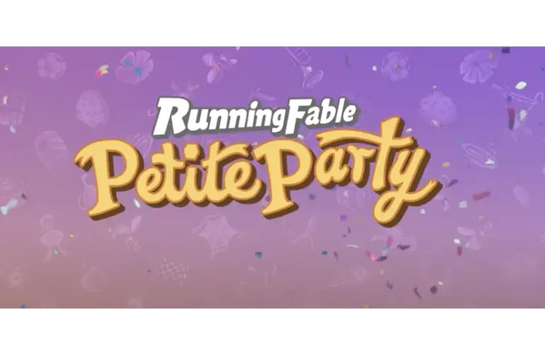Title screen for "Running Fable Petite Party" with bold, playful yellow text on a purple gradient background decorated with abstract party icons.