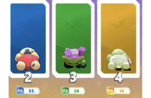 Running Fable Petite Party shows Three cartoon turtles in red, purple, and beige appear on blue, green, and orange backgrounds, with scores below: 32, 28, and 16. A playful competition scene after these players lost.