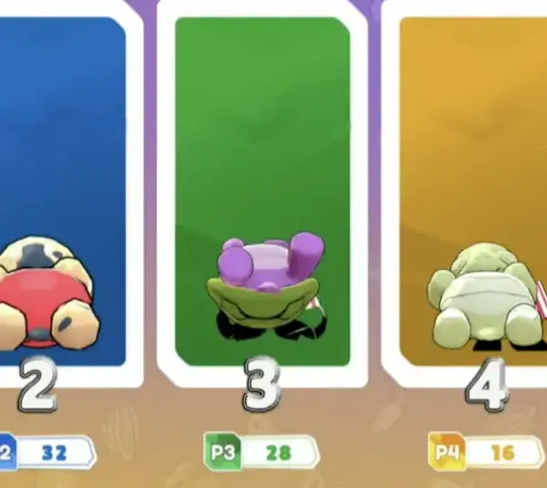 Running Fable Petite Party shows Three cartoon turtles in red, purple, and beige appear on blue, green, and orange backgrounds, with scores below: 32, 28, and 16. A playful competition scene after these players lost.