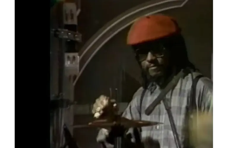 Sly Dunbar playing drums as part of the duo Sly and Robbie on the David Letterman Show in 1985.