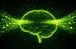 NVIDIA's glowing green digital brain is shown with circuitry patterns, extending into streams of data particles on both sides, conveying a theme of technology and AI.