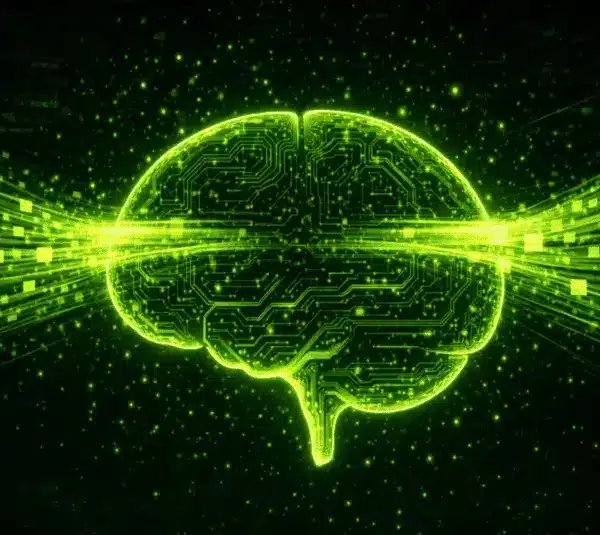 NVIDIA's glowing green digital brain is shown with circuitry patterns, extending into streams of data particles on both sides, conveying a theme of technology and AI.