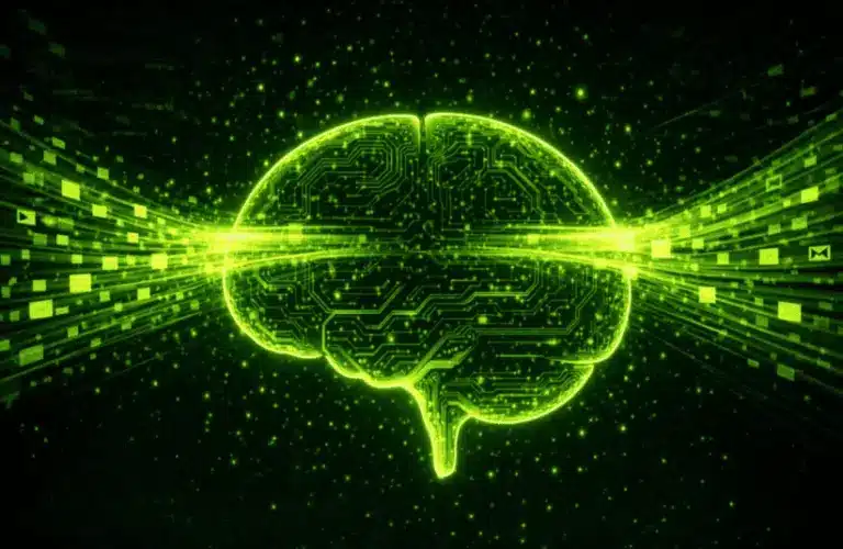 NVIDIA's glowing green digital brain is shown with circuitry patterns, extending into streams of data particles on both sides, conveying a theme of technology and AI.