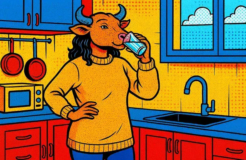 Pop art Taurus zodiac sign drinking water in the kitchen.