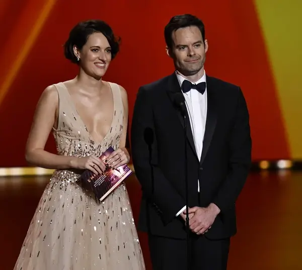 Sep 22, 2019; Los Angeles, CA, USA; Bill Hader and Phoebe Waller-Bridge present the award for supporting actor in a limited series or movie during the 71st Emmy Awards at the Microsoft Theater. Mandatory Credit: Robert Hanashiro-USA TODAY