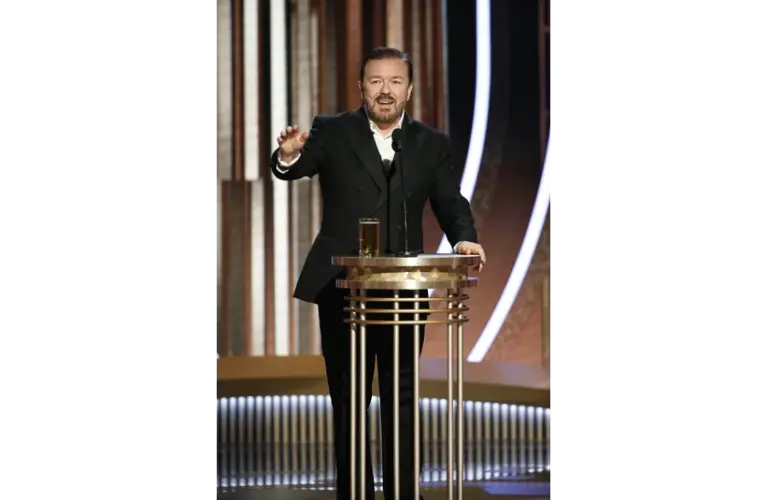 Jan 5, 2020; Beverly Hills, CA, USA; Ricky Gervais hosts the 77th Annual Golden Globe Awards at The Beverly Hilton Hotel. Mandatory Credit: Paul Drinkwater/NBC Handout Photo via USA TODAY NETWORK